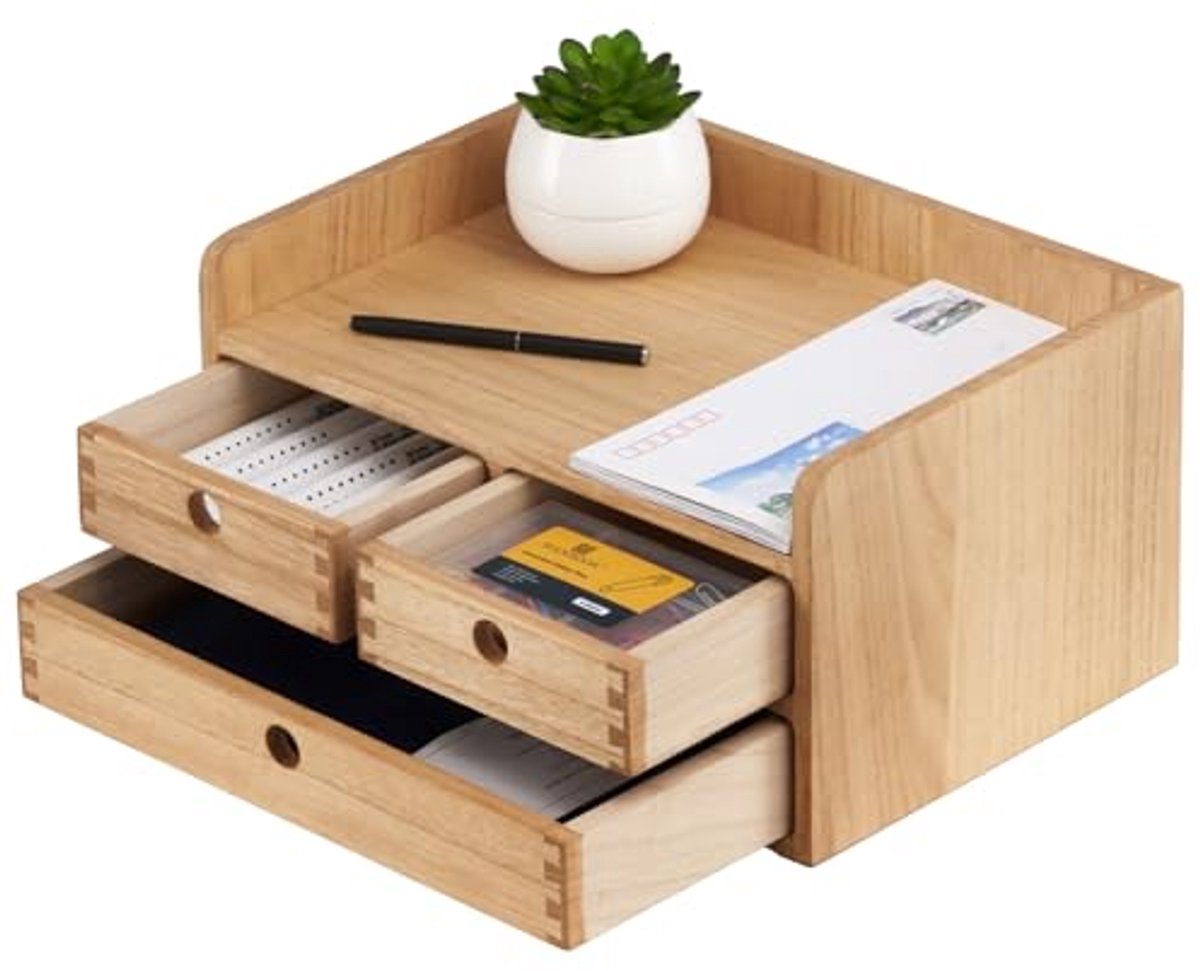 Houten bureau-organizer met 3 laden en 1 plank voor thuiswerkplek