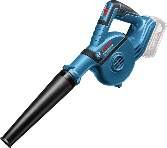 Blauwe Bosch Professional GBL 18V-120 bladblazer met zwarte mondstuk en 18V accu.