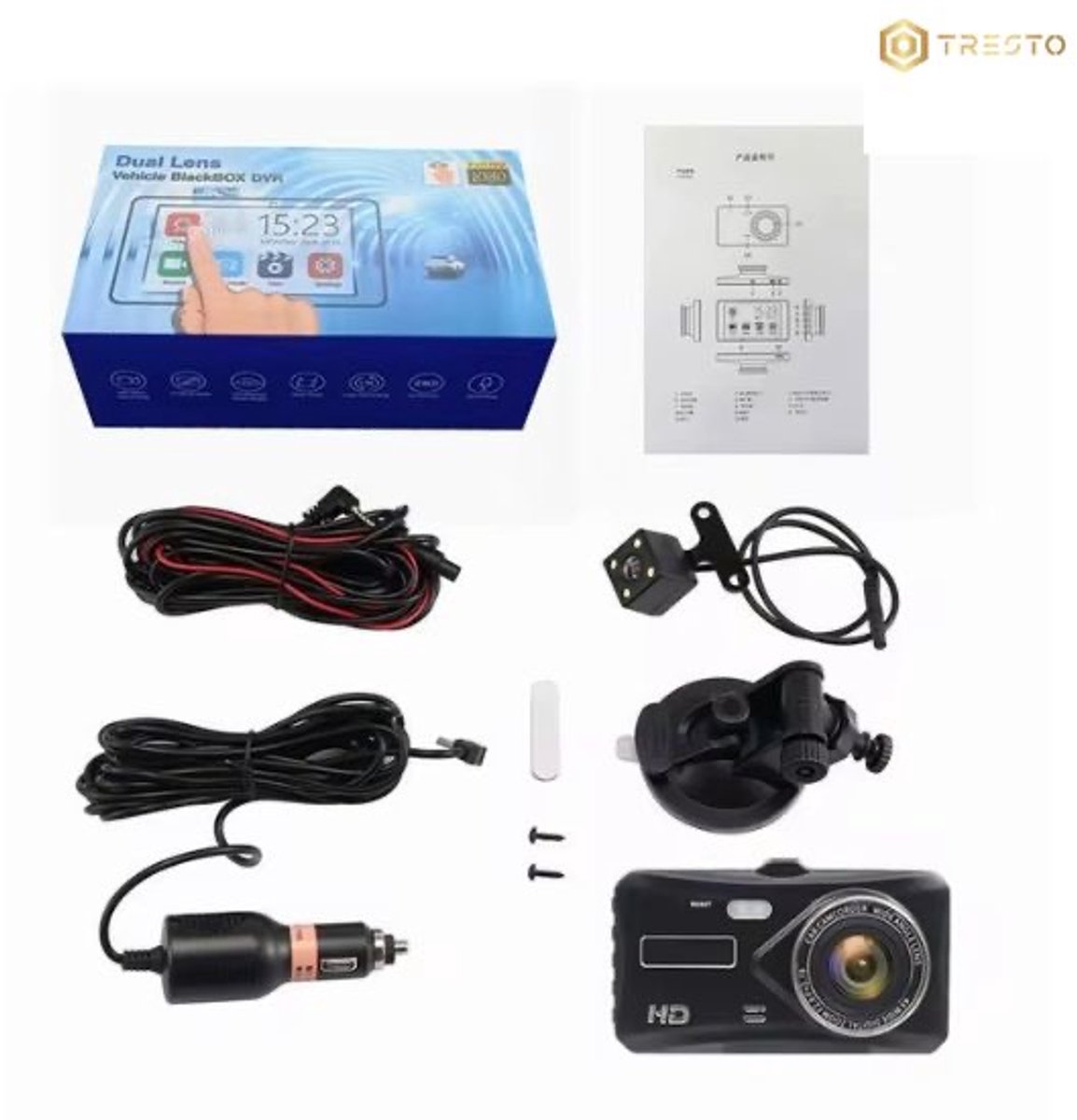 TRESTO - Dashcam Full HD Camera – 4 inch Touchscreen – Dashboardcamera – Full HD 1080p – Loop Recording – Nachtvisie – Bewegingssensor – G-sensor – Autocamera Voor én Achter - voor auto – foto 5