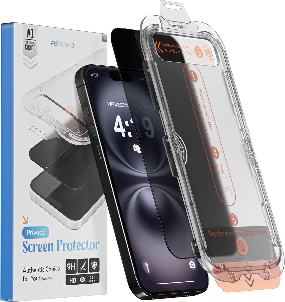 REOVO Privacy Screen Protector - Geschikt voor iPhone 16 screenprotector privacy - Gorilla Glass Extra Hard - Installatie Tool