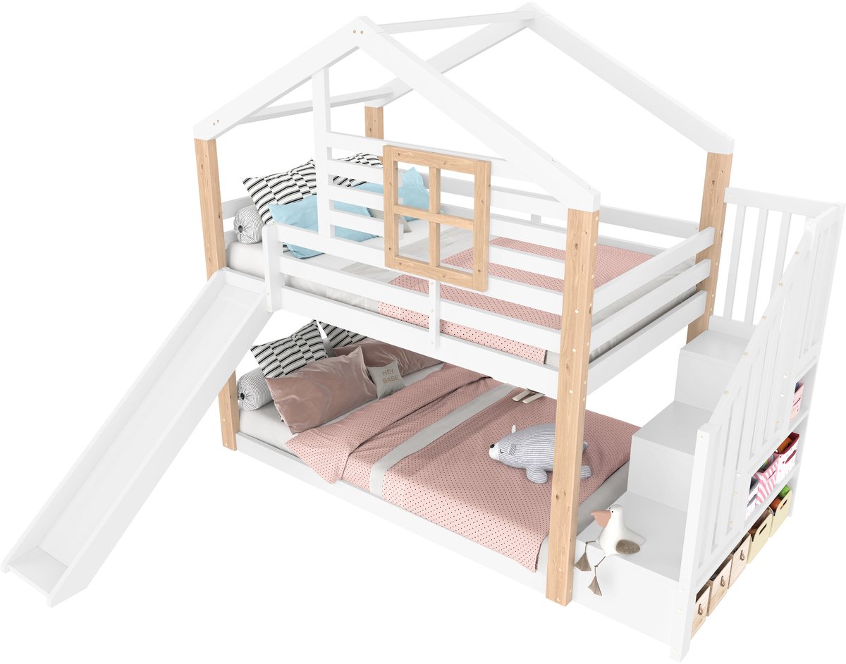 Merax Stapelbed voor Kinderen met Rutsche en Trap - Scandinavisch Design - Houten Constructie - Veilig met Geländer en Opbergruimte - Ideaal voor Broers en Zussen - EN 747-1:2024 Gecertificeerd