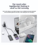 Twee scènes: links laden telefoons en laptop op, rechts een stekkerdoos met meerdere opladers.