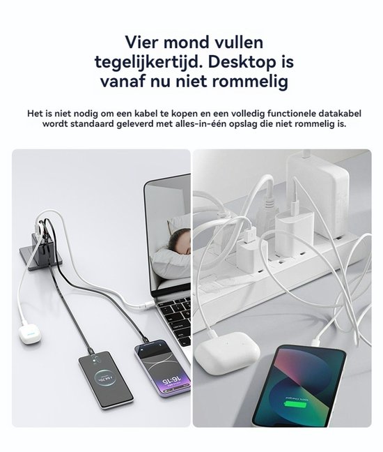 Twee scènes: links laden telefoons en laptop op, rechts een stekkerdoos met meerdere opladers.