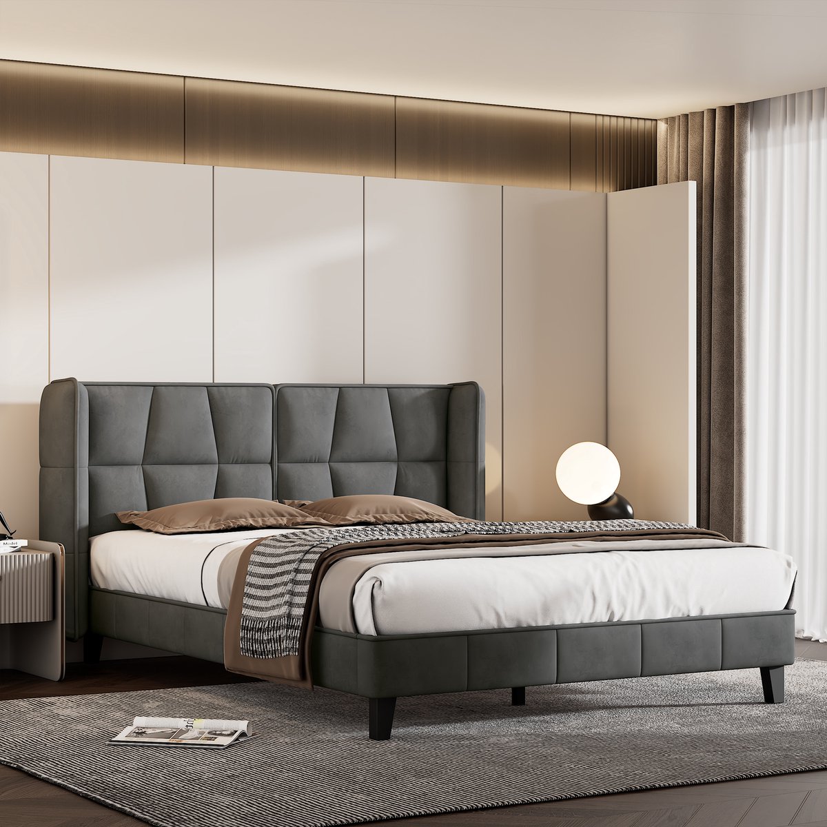 SINGULARITY-Gestoffeerd bed 180 x 200 met lattenbodem en hoofdbord- jeugdbed- fluweel- grijs- zonder matras