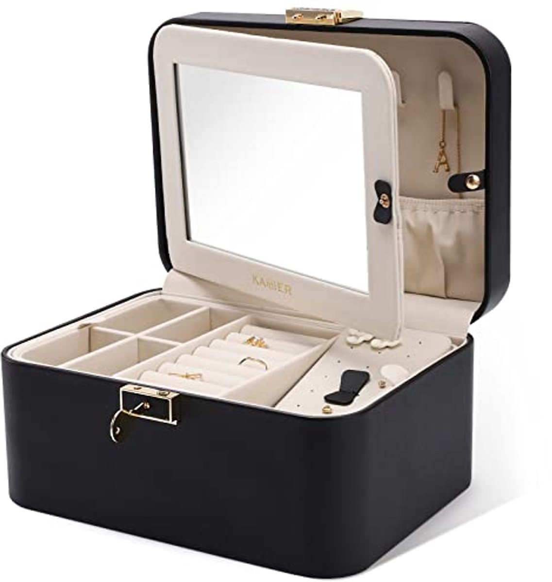 Dubbel Laags Leren Sieraden Organizer met Spiegel en Verwijderbare Scheidingswanden