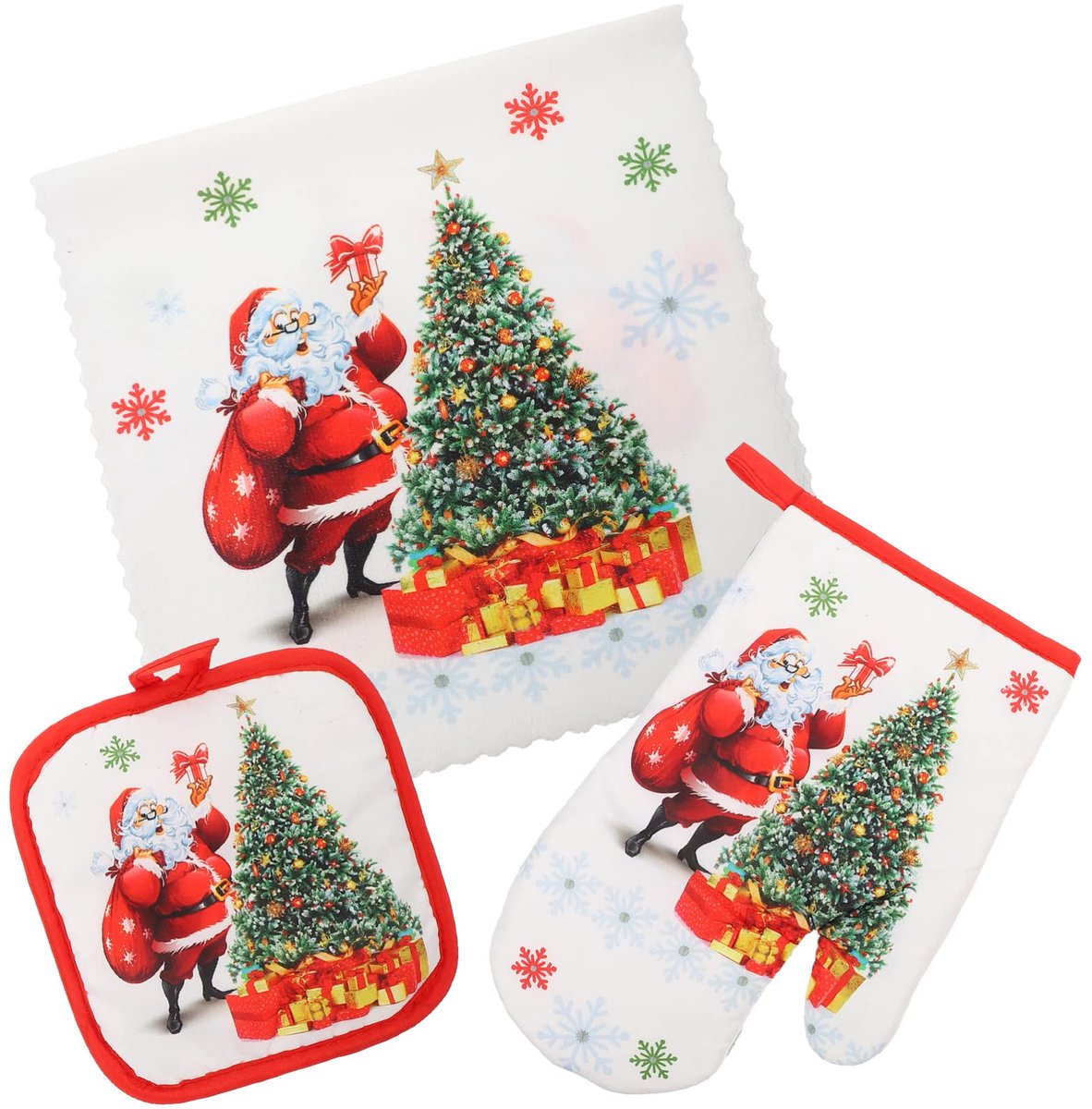 Christmas, Oven Mitts, Potholder Towel, Santa Claus, Christmas Tree, Heat-resistant, Non-Slip Cooking Gloves for New Year's Eve, Holiday, Grilling, Cooking and Grilling
