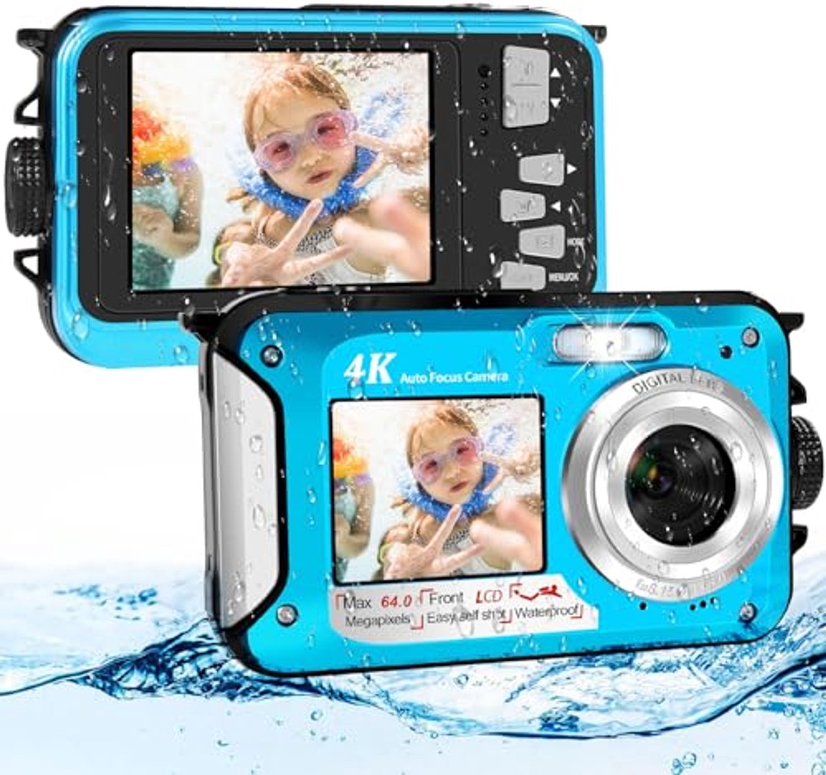 64 MP Onderwatercamera met 4K Video, Dubbel Beeldscherm en 64 GB Geheugenkaart