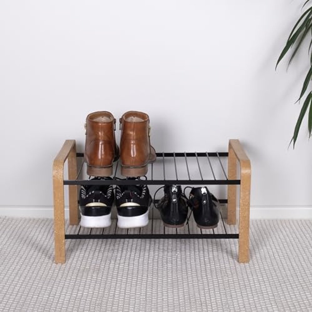 Ruimtebesparende Schoenenrek voor Hal met 2 Niveaus - Zwart Hout