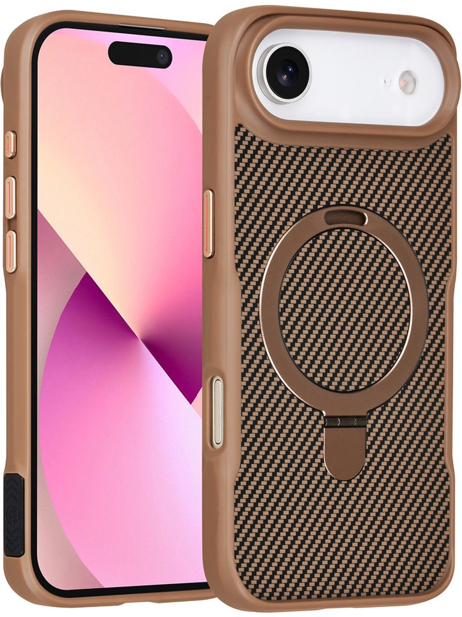 TUNIQ Back cover voor iPhone 17 Air - MagSafe - Ring Stand - Carbon Fiber - Goud
