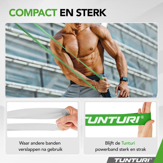 Man met groene weerstandsbanden, met de tekst "Compact en sterk" en afbeeldingen die de duurzaamheid tonen.