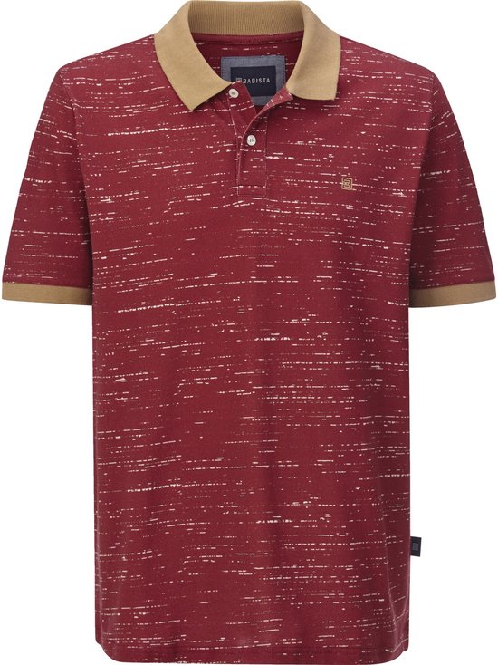Heren poloshirt in donkerrood met witte en gouden spikkelprint, bruine kraag en manchetten.