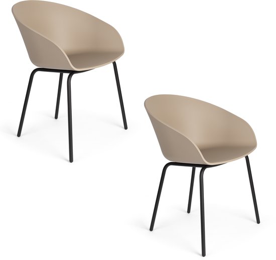 Twee beige eetkamerstoelen met zwarte, gebogen poten.