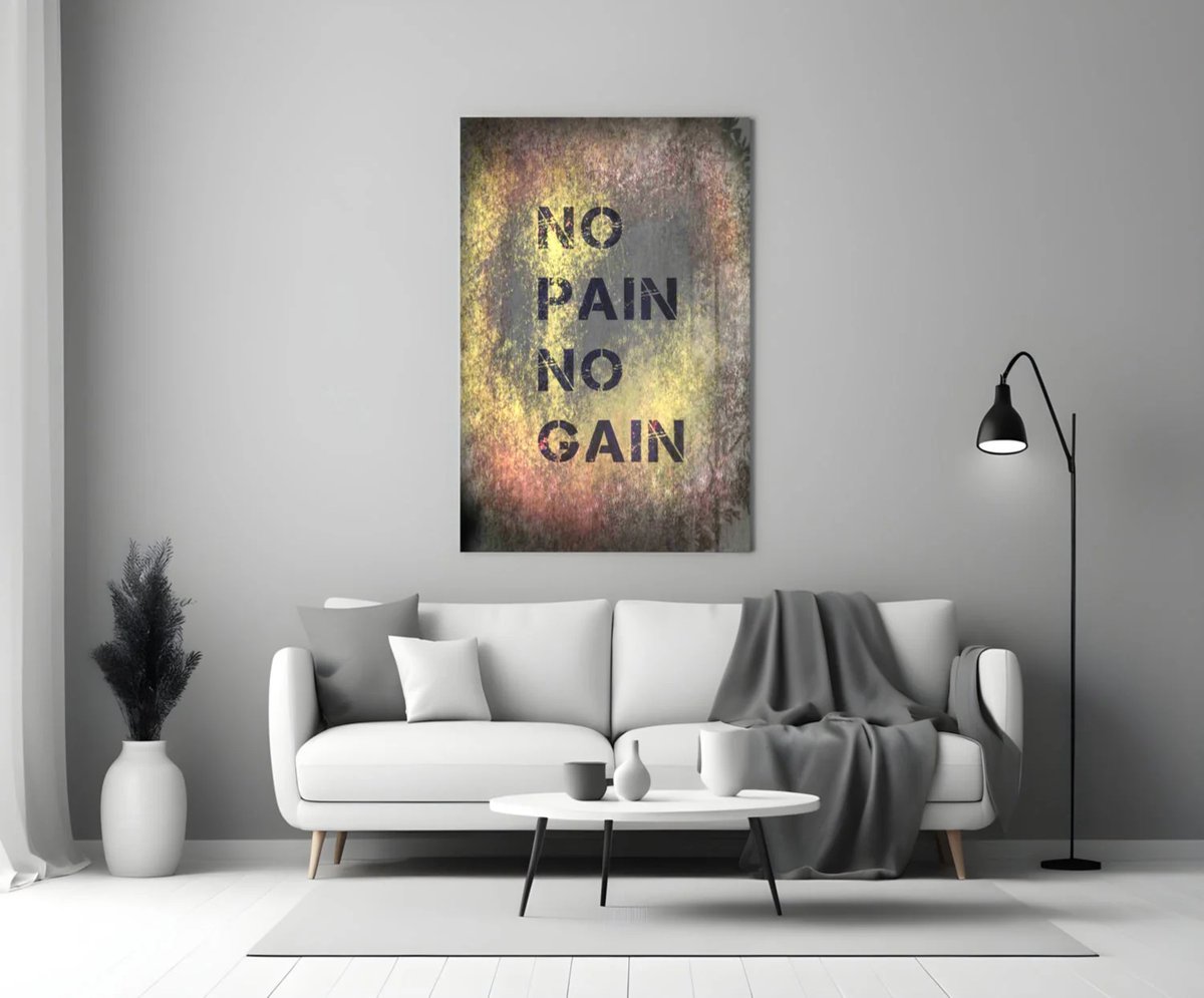 Glasschilderij - No Pain No Gain - Motivatie Wanddecoratie - 90x60 cm