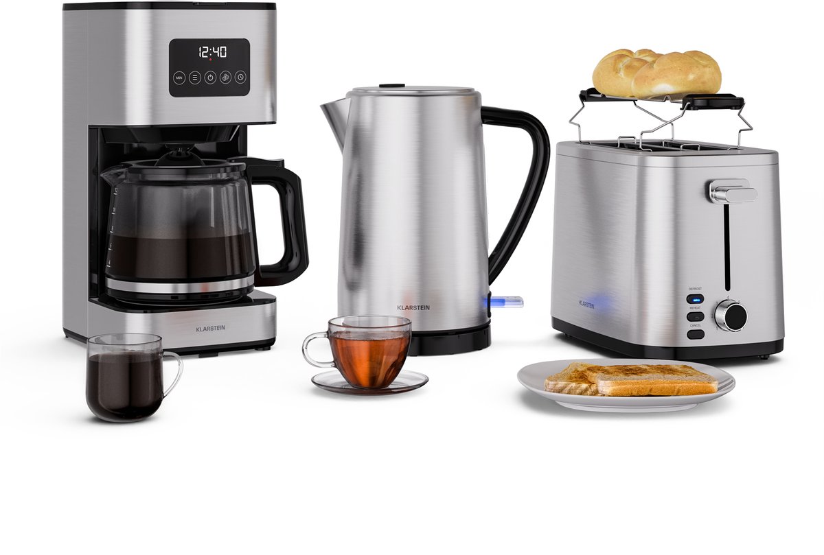 Klarstein Verosteel ontbijtset – broodrooster voor 2 sneetjes met 7 bruiningsstanden, roestvrijstalen waterkoker van 1,7 liter, filterkoffiezetapparaat voor 12 kopjes, warmhoudfunctie, broodrek, glazen kan