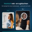 Vóór en ná: een vrouw met rugpijn en een vrouw die zichzelf opmaakt in een verlichte spiegel.