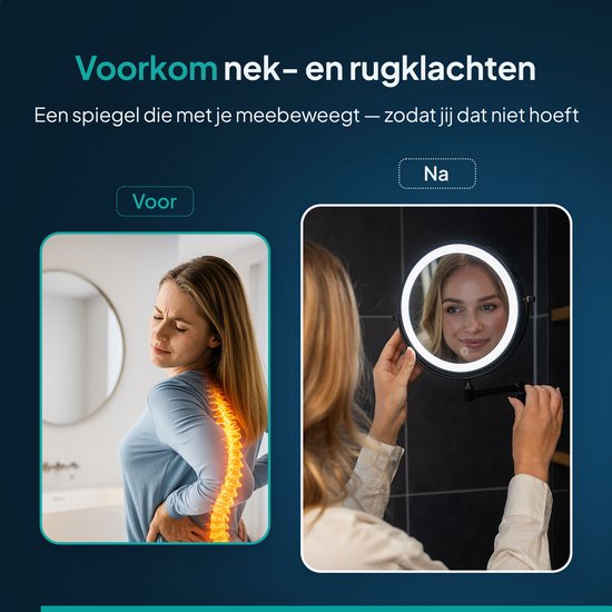 Vóór en ná: een vrouw met rugpijn en een vrouw die zichzelf opmaakt in een verlichte spiegel.