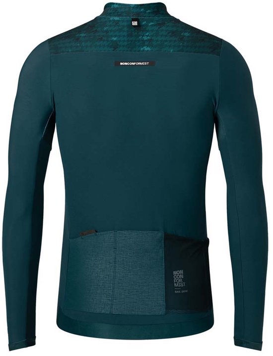 Donkergroen fietsshirt met lange mouwen, geborduurd kraagdetail en zakken op de rug.