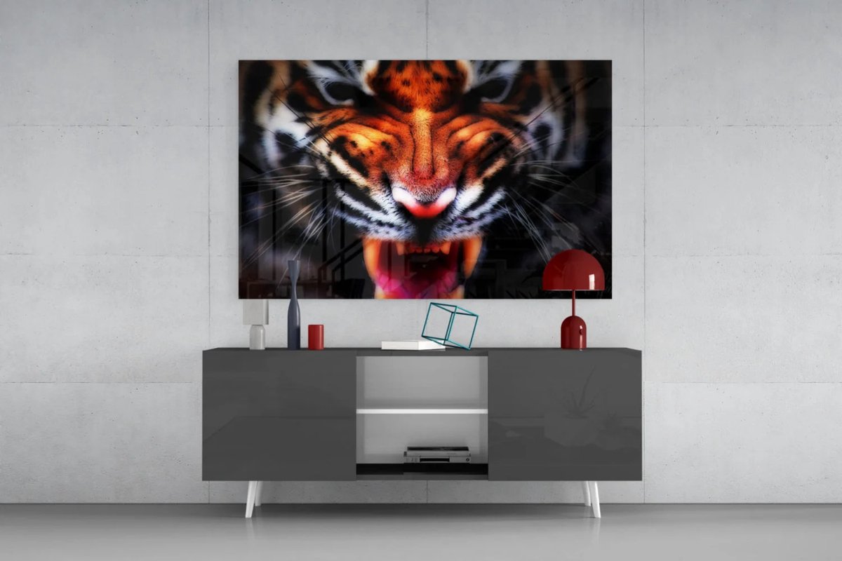 Glasschilderij - Tijger Close-up - Krachtige Dieren Wanddecoratie - 90x60cm