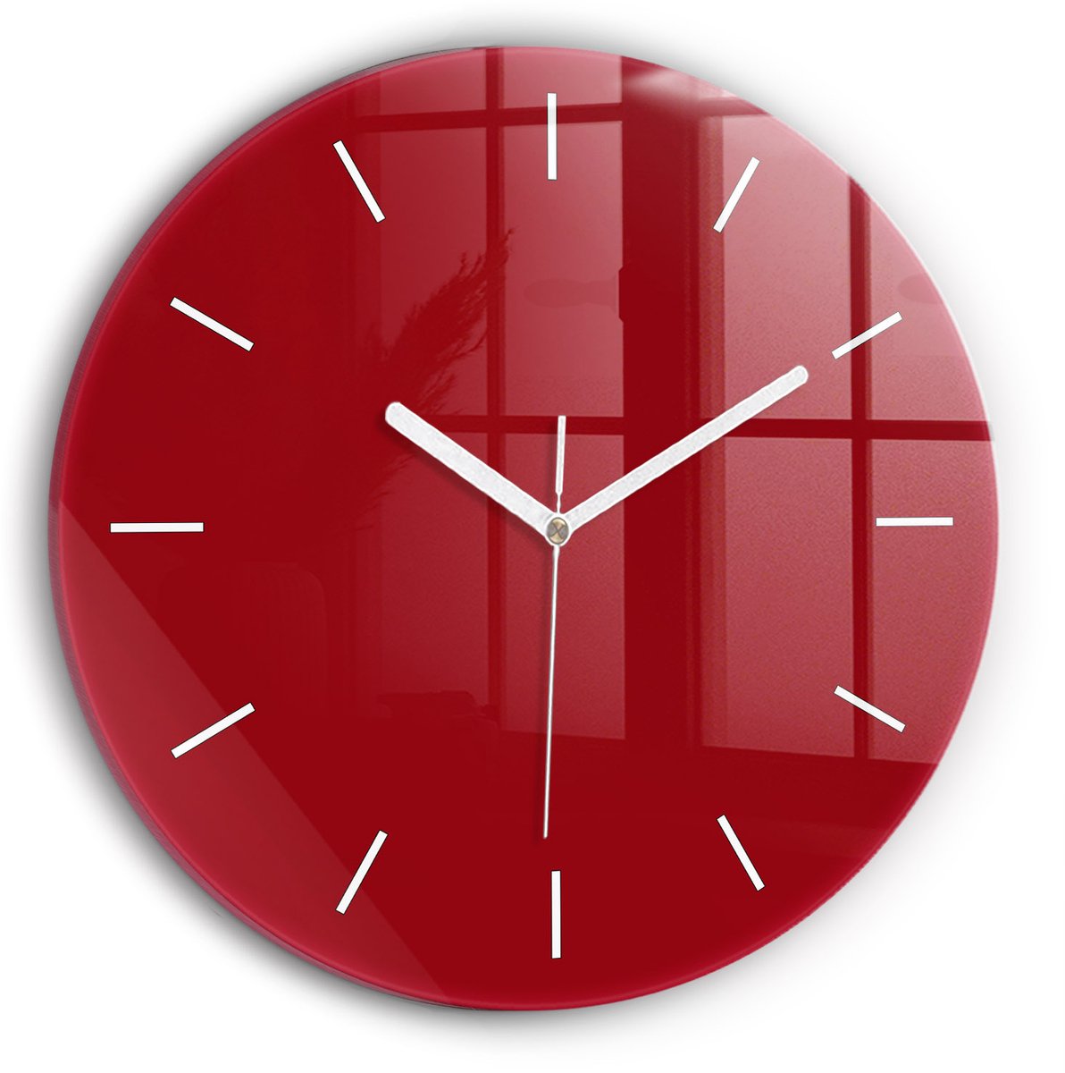 Wallfluent Wandklok - Rood Ronde Glazen Klok - 30 cm x 30 cm - Rood Wandklok - Witte Handen - Wandklok Zonder Cijfers - Wandklok Glas Woonkamer - Ronde Glazen Wandklok - Industrieel Wandklok - Ronde Glas Klok