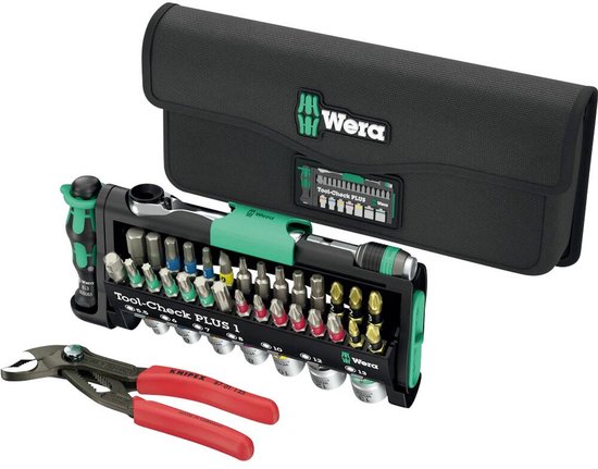 Wera Tool-Check PLUS 1 set met ratel, doppen en bitjes, inclusief Knipex tang. Zwarte etui met Wera logo.