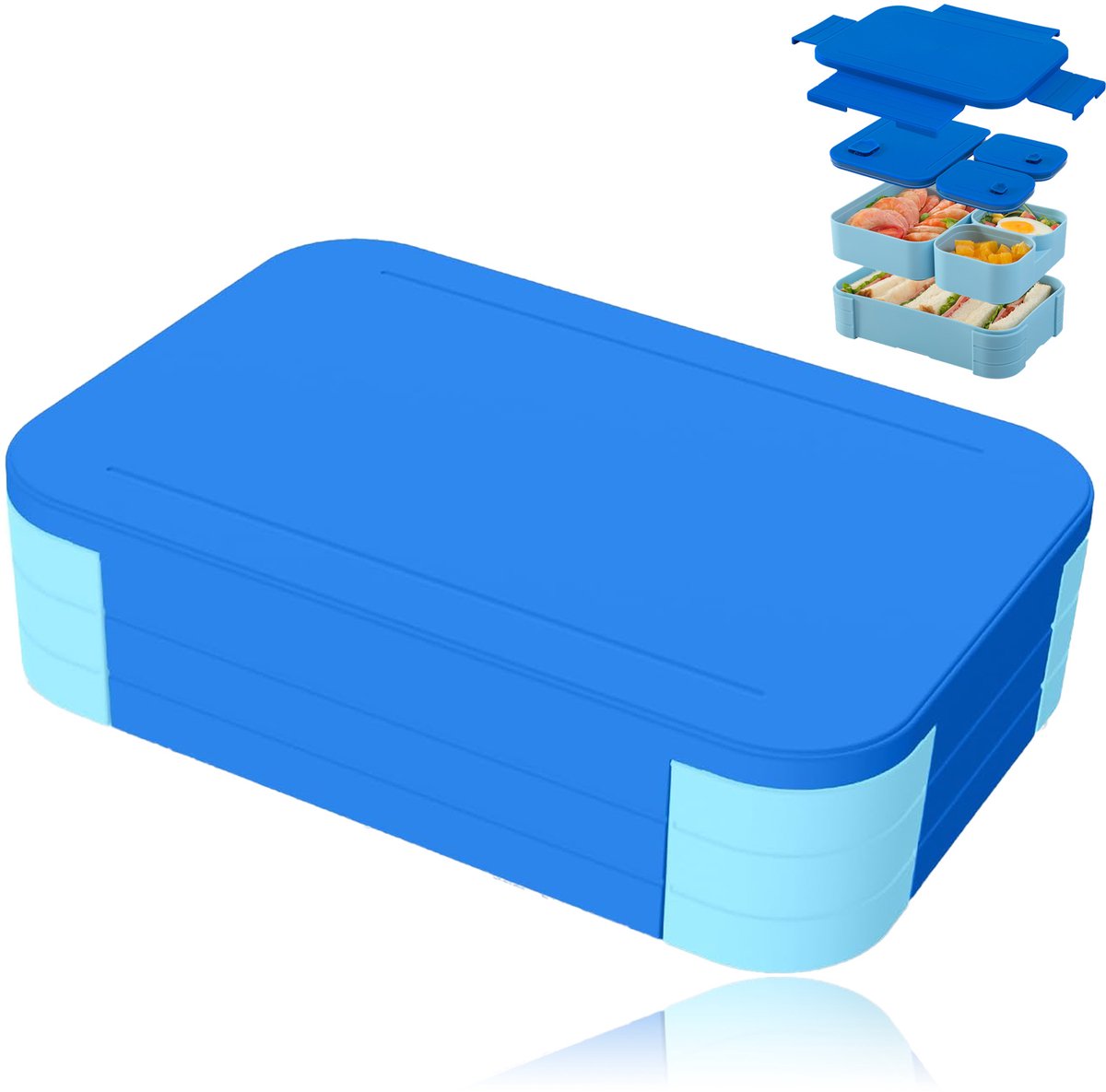 Broodtrommel Kinderen met Vakken – Lekvrije 3-in-1 Bento Lunchbox, Snackbox voor Jongens & Meisjes – Uitneembare Compartimenten, Magnetron- & Vaatwasserbestendig, Blauw
