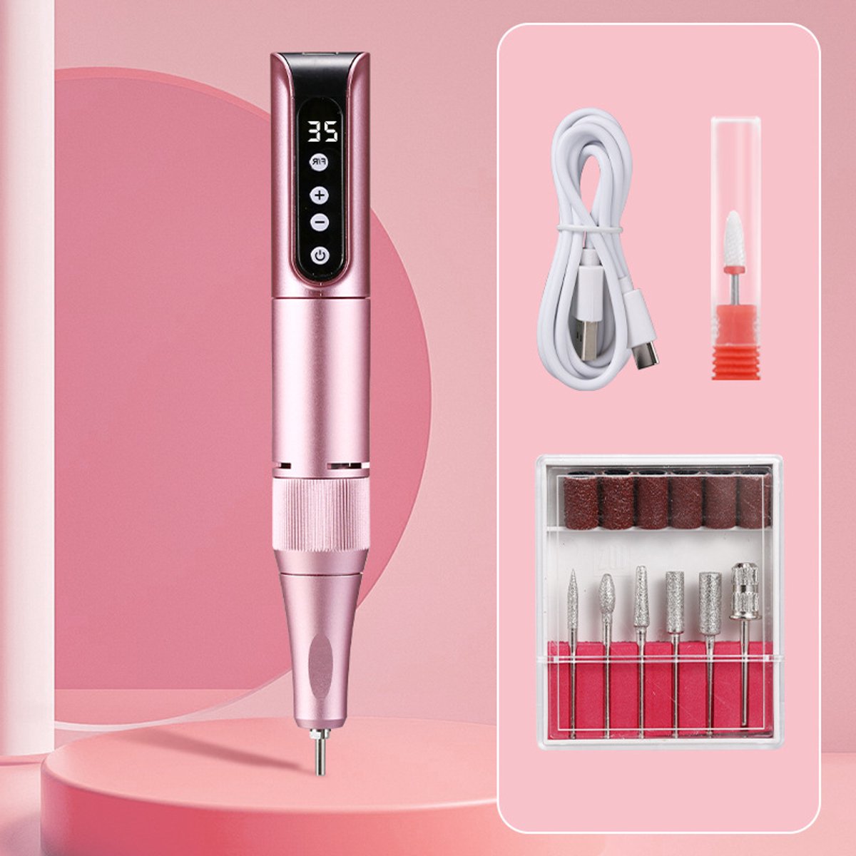 Roze snoerloze elektrische nagelboor, professioneel nagelvijlgereedschap, elektronische vijlboor, draagbare slijper, geluidsarm, klein en gemakkelijk te verwijderen nagellakpen