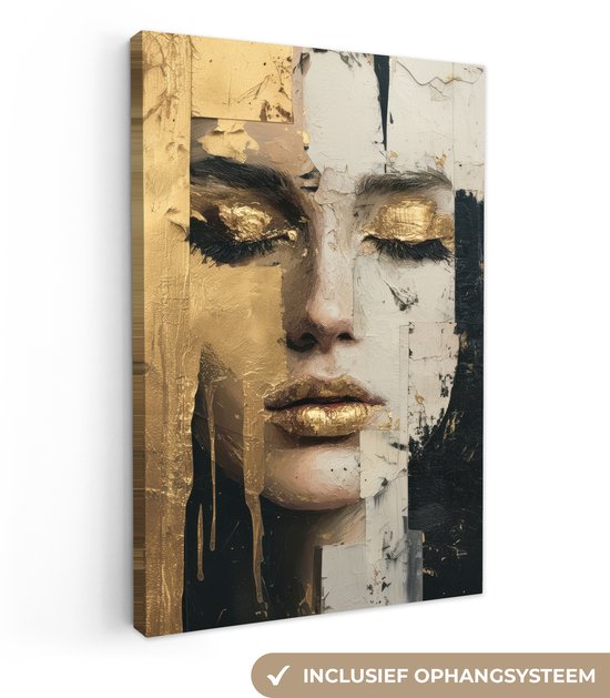 Canvas schilderij van een abstract gezicht met gouden lippen en oogschaduw, inclusief ophangsysteem.