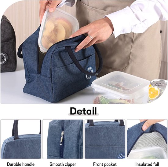 Daity 1-pack - Lunchtas, Koeltassen，kleine draagbare， herbruikbare snacktas met voorvak, geschikt voor picknicks, kantoorwerk en buitenactiviteiten (Marineblauw) van Merkloos — afbeelding 2