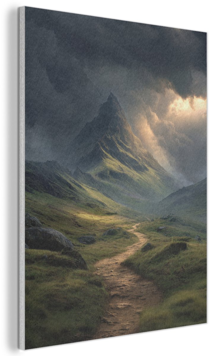 Akoestisch wandpaneel 30x40 cm - Vilt schilderij Bergen - Kronkelpad - Groen - Wolken - Akoestische panelen - Geluidsdempende wanddecoratie - Geluidsisolatie woonkamer - Muurdecoratie geluidspanelen
