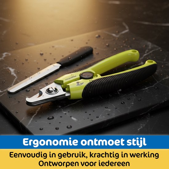 Gele nagelknipper en vijl op een marmeren achtergrond. Tekst: Ergonomie ontmoet stijl, eenvoudig in gebruik, krachtig in werking.
