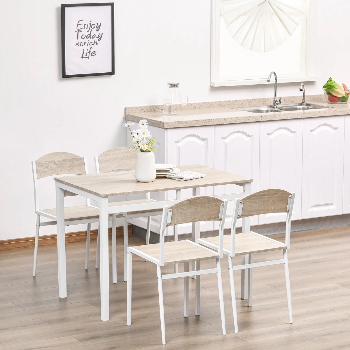Pugsdrly 5-delige eetset Eettafel met 4 stoelen Ruimtebesparende keukentafelset Zithoek voor eetkamer, keuken, grijs+wit