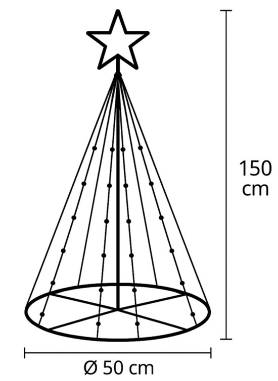 Schematische weergave van de verlichte kerstboom, 150 cm hoog en 50 cm breed.