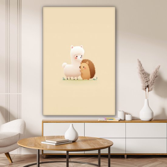 Tableau sur toile 80x120 cm - Décoration murale exclusive Alpaga - Hérisson - Brun - Câlin - Peinture pour chambre d'enfant - Décoration murale chambre de bébé - Décoration pour chambre de garçon et de fille - Accessoires Bébé