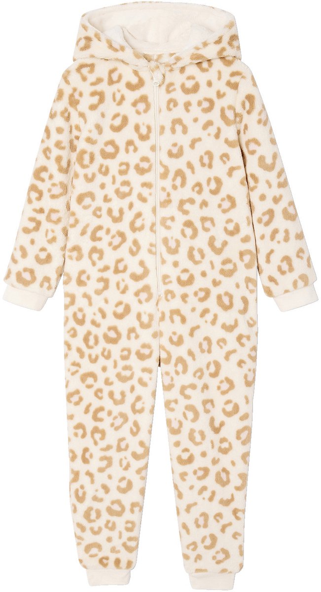 vertbaudet Meisjespyjama jumpsuit met luipaardprint van sherpa beige