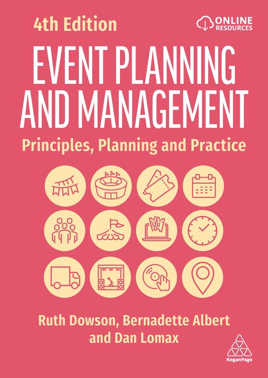 Boekomslag: Event Planning and Management 4th Edition. Druk is roze met witte tekst en iconen.