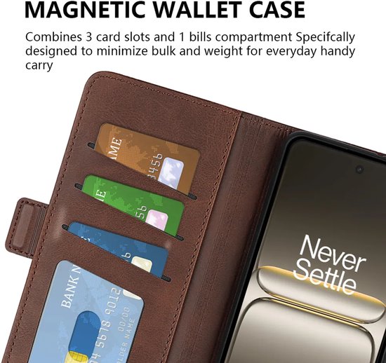 Bruine wallet book case met drie pasvakjes en een vak voor bankbiljetten, met telefoon.