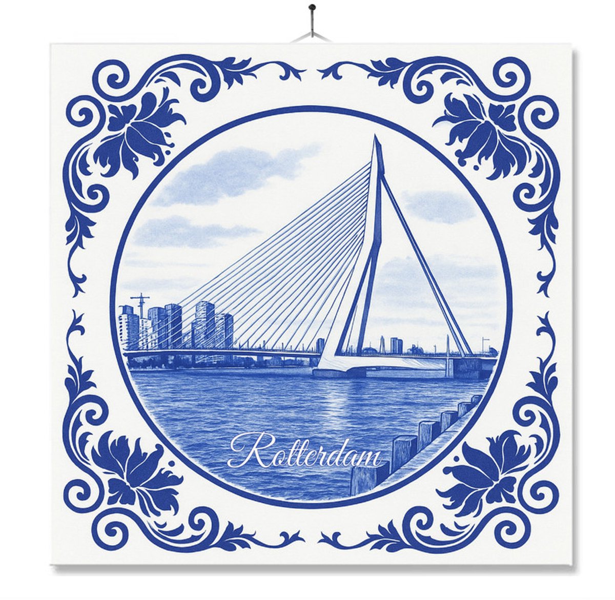 Tegel Met Opdruk | Rotterdam | Delft Blauw | Cadeau | Inclusief Geschenkdoos | Standaard | Ophangsysteem
