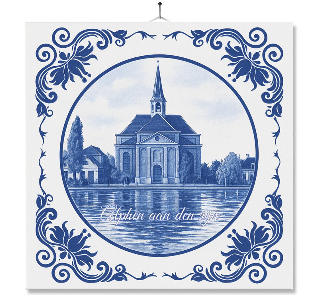 Tegel Met Opdruk | Alphen Aan Den Rijn | Delft Blauw | Cadeau | Inclusief Geschenkdoos | Standaard | Ophangsysteem