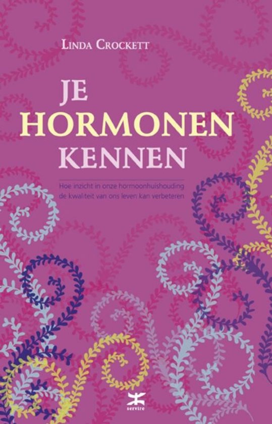 Boekomslag met de titel 'Je hormonen kennen' op een paarse achtergrond met decoratieve krullen.