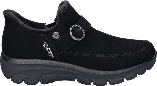 Zwarte suède Skechers Slip-Ins instapper met decoratieve gesp en donzige voering.