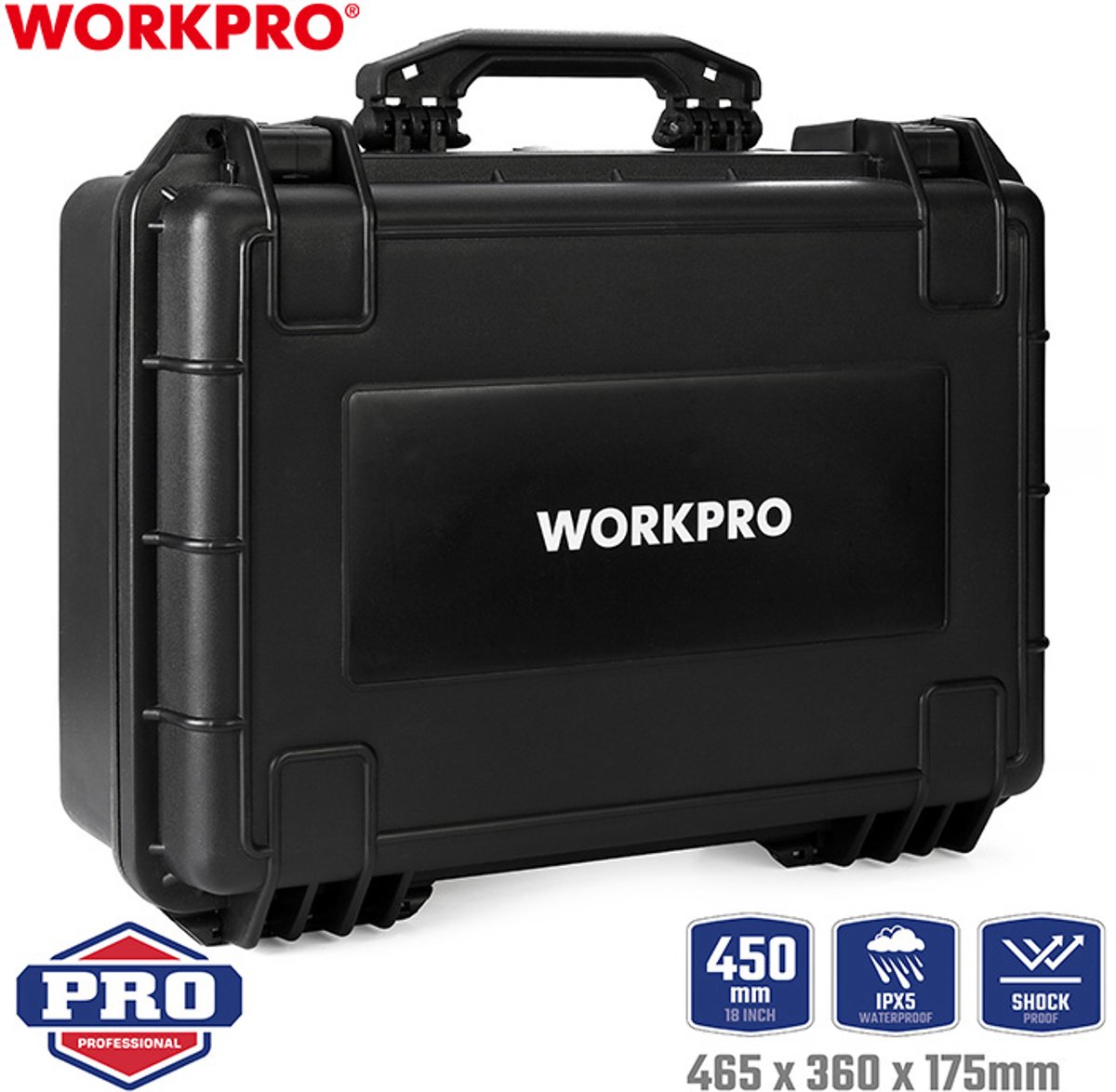 WORKPRO WP283004 Waterdichte Veiligheidskoffer 450 mm – Heavy Duty – Schokbestendig & Stofvrij – Met Plukschuim