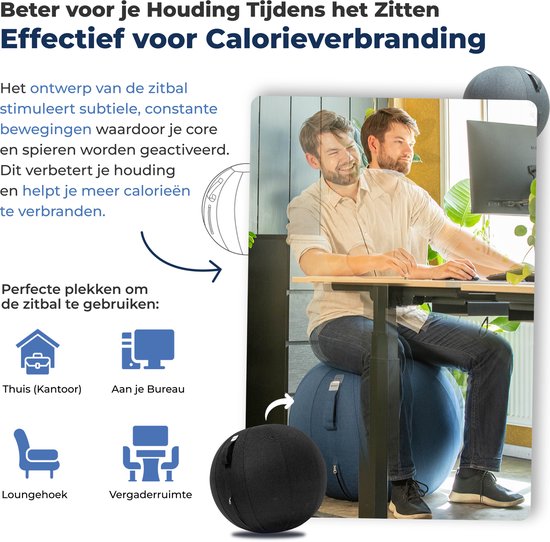 Man zit op een blauwe zitbal aan een bureau. Een andere grijze bal staat ernaast.