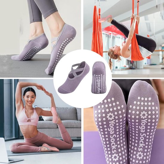 3 paar antislip yogasokken met handgrepen voor dames - katoen sokken voor balletbar, dans, fitness, pilates - paars, kaki, roze — afbeelding 4
