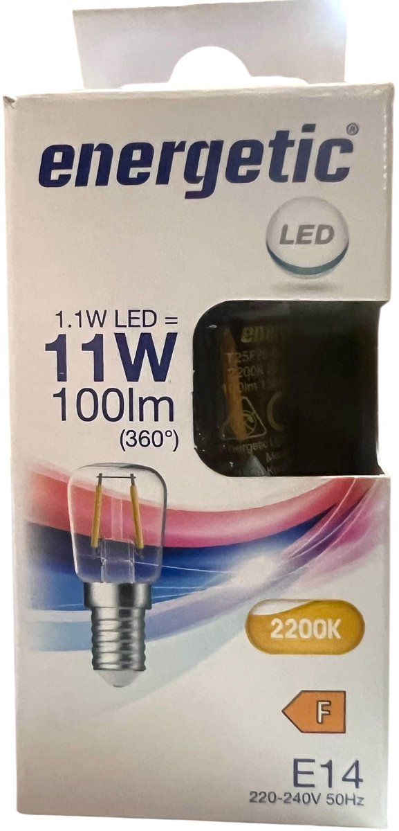 8 x Energetic E14 T25 1,1 W (14 W) Warm White (2200 k) Koelkast / Oven / Schakelbordlamp