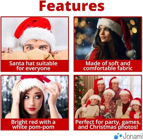 Bonnet de Père Noël en peluche – Bonnet de Père Noël rouge et Witte pour fête de Noël, déguisement et tenue de soirée