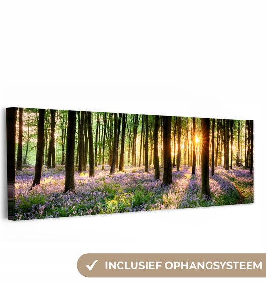 Canvas van een bos vol paarse bloemen en zonlicht, met tekst 'Inclusief ophangsysteem'.