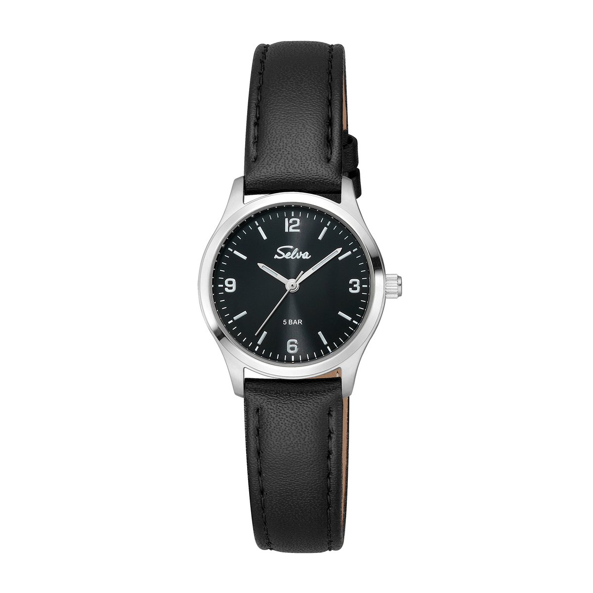 SELVA dames polshorloge, quartz, index en cijfers, roestvrijstalen kast, leren band, gesp, 5 bar