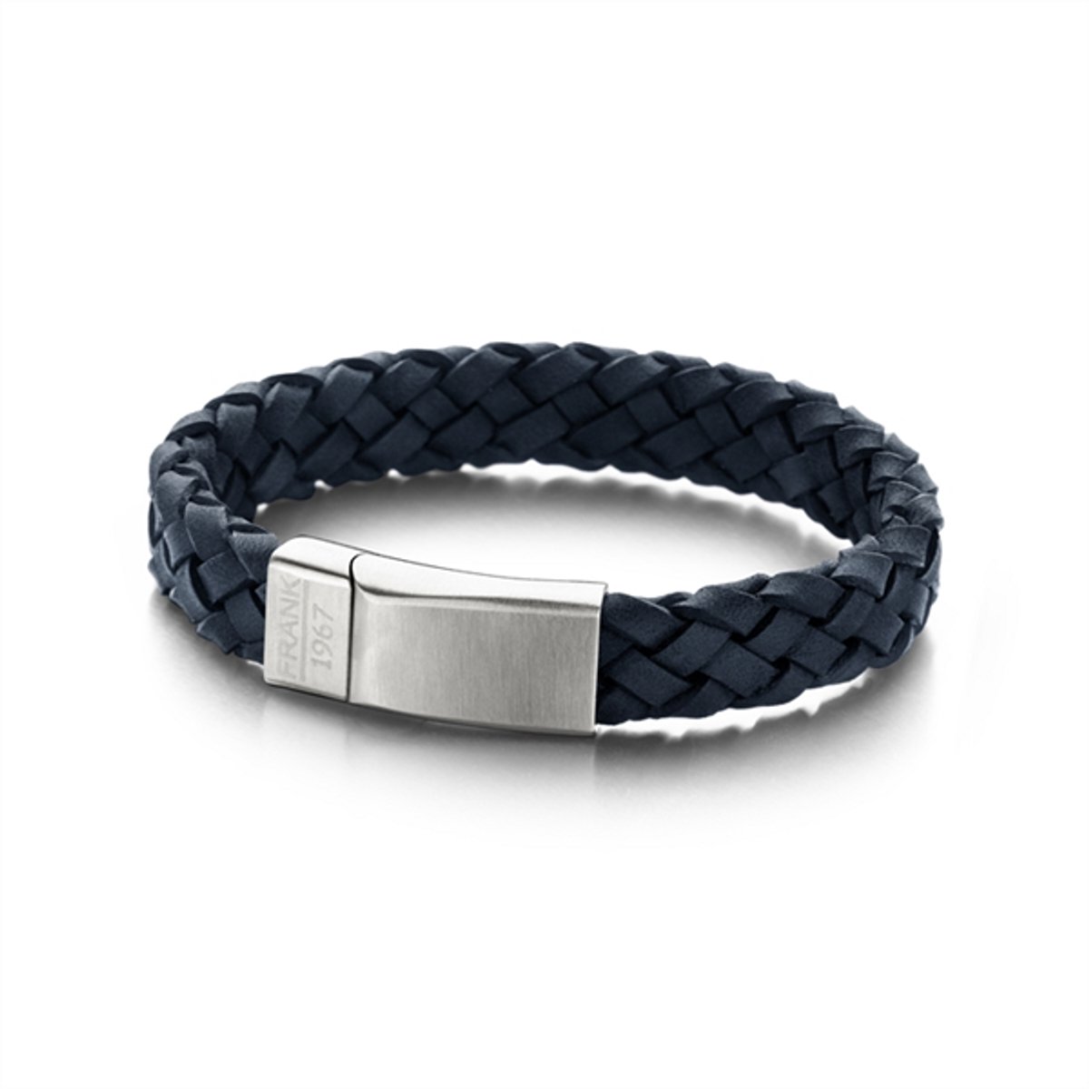 Frank 1967 7FB-0133 - Leren gevlochten heren armband - met staal element - one-size - donkerblauw / zilverkleurig