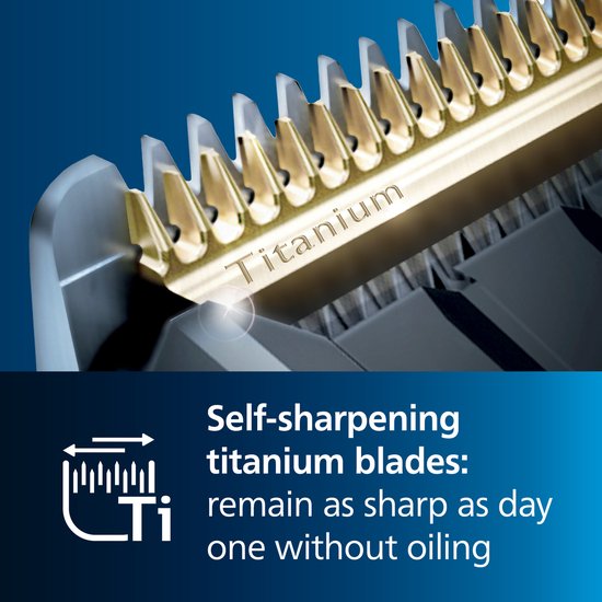 Gedetailleerde close-up van de zelf-slijpende titanium scheerbladen van de Philips tondeuse.