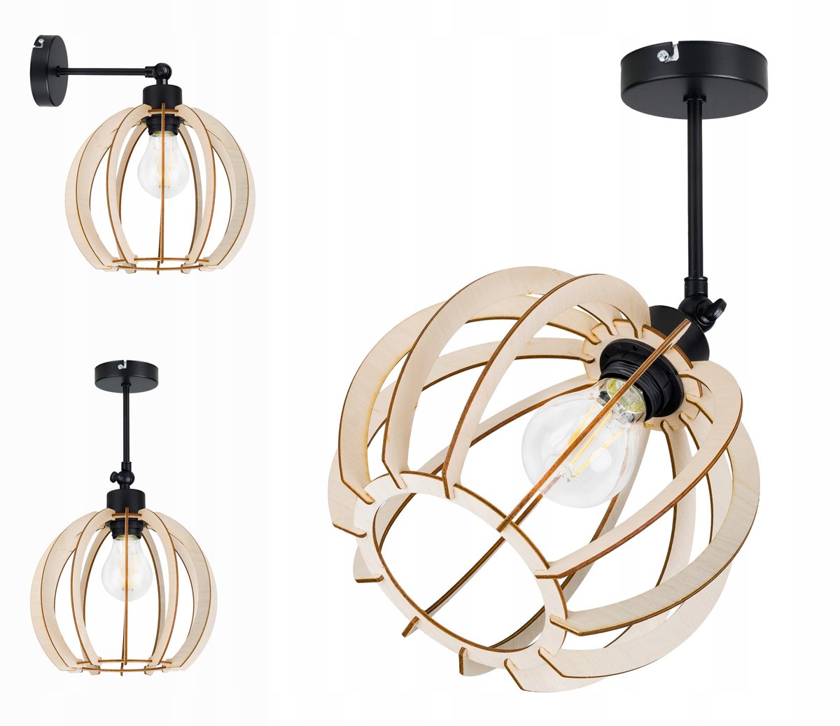 Hanglamp Loft Houten Bol E27 Verstelbaar